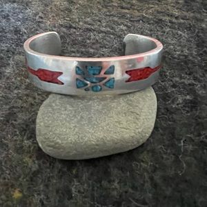 Native American Turquoise & Coral Inlay Cuff Bracelet signed TT